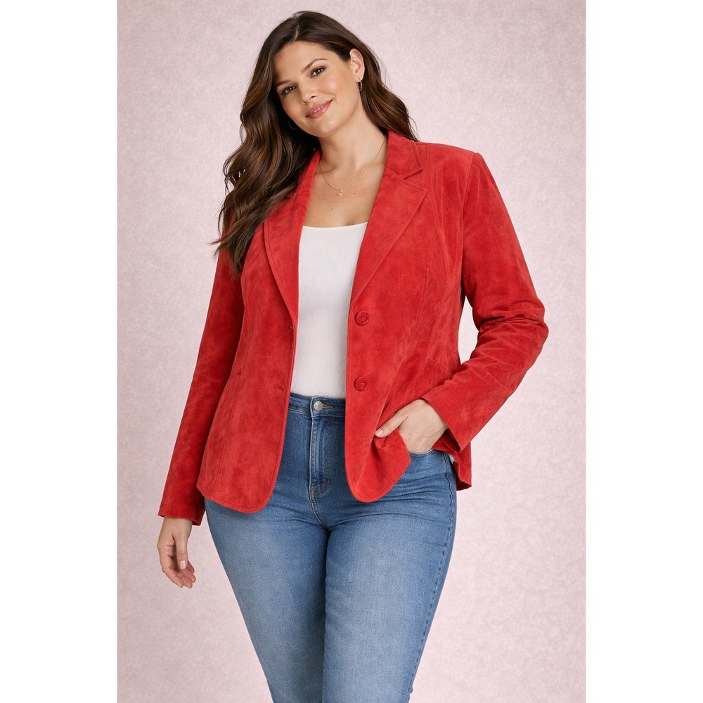 Che-Bella Red‎ Genuine Leather Blazer Women's Size 2XL Two Button Jacket